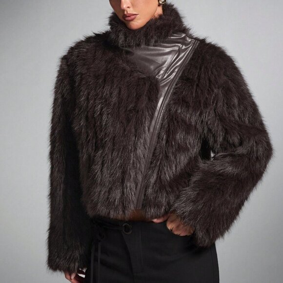 Jackets & Blazers - Brown Elegant Women's Oversized Patchwork Faux Fur Coat jacket